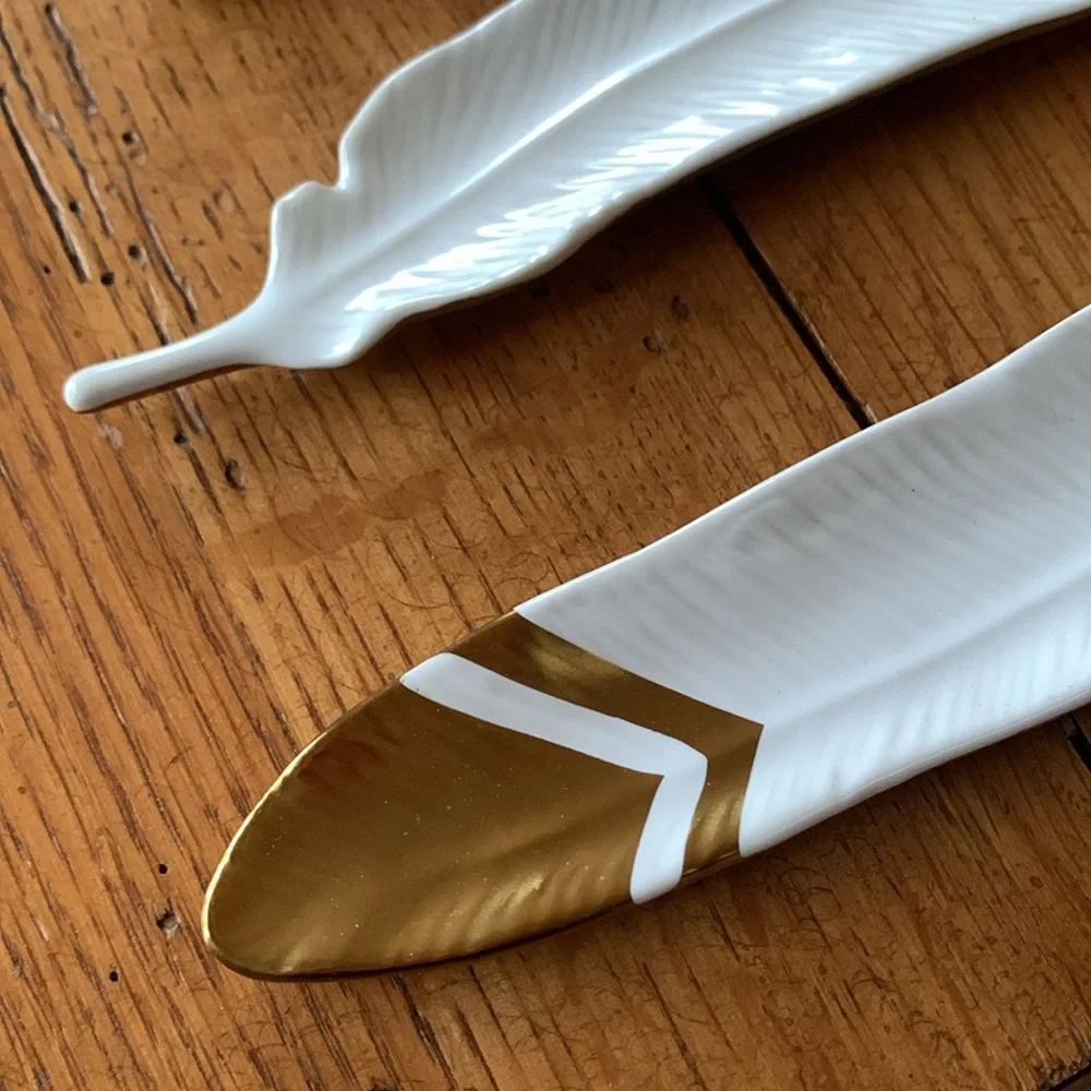 Ceramic Bird Feathers White and Gold Tipped Wall Hanging Ornaments Set of 5